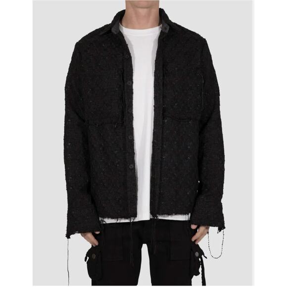 MNML | Black Raw Edge Woven Boucle Style Oversized Flannel Overshirt | Medium - Picture 1 of 8